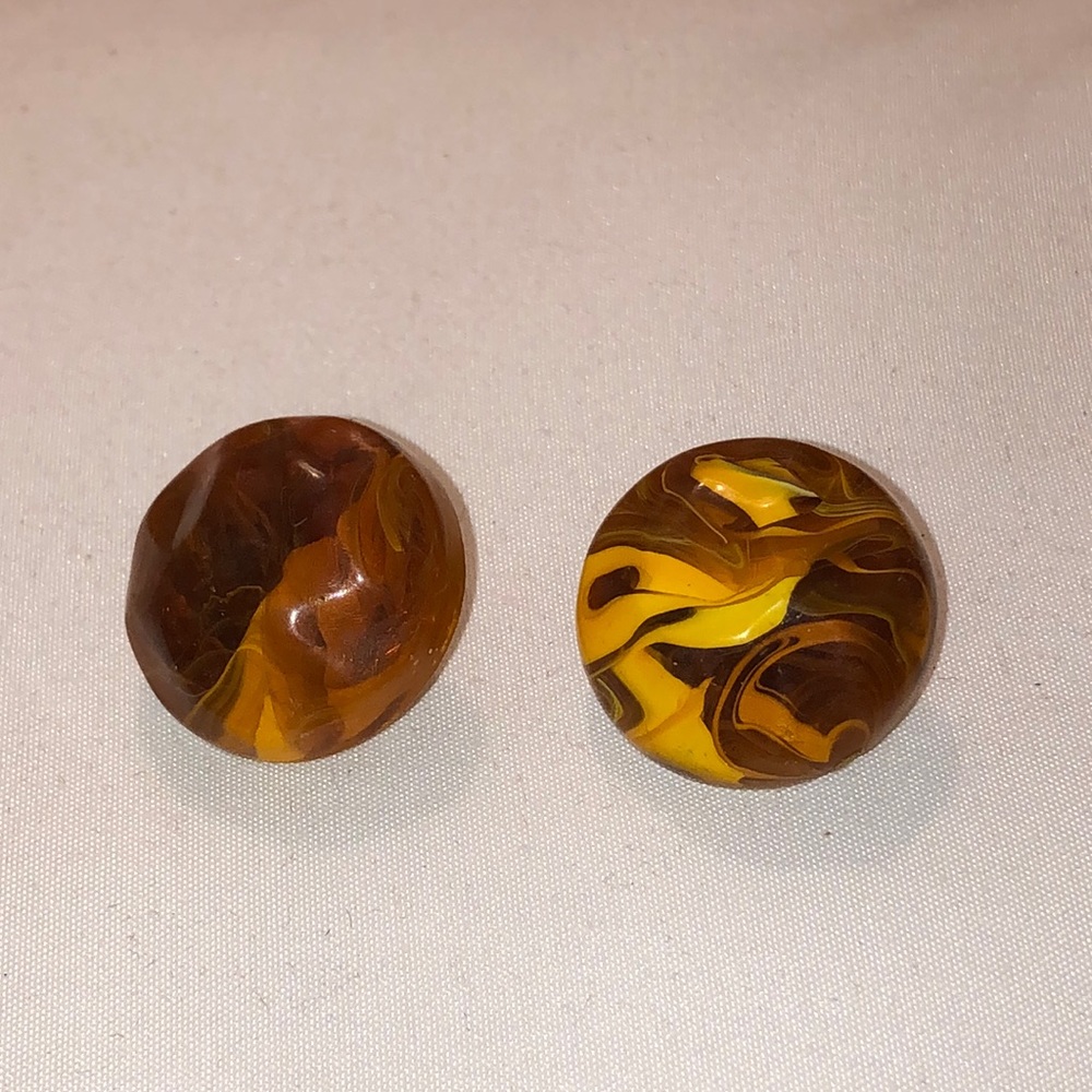 Pair of vintage marbled brown and yellow glass cabochons